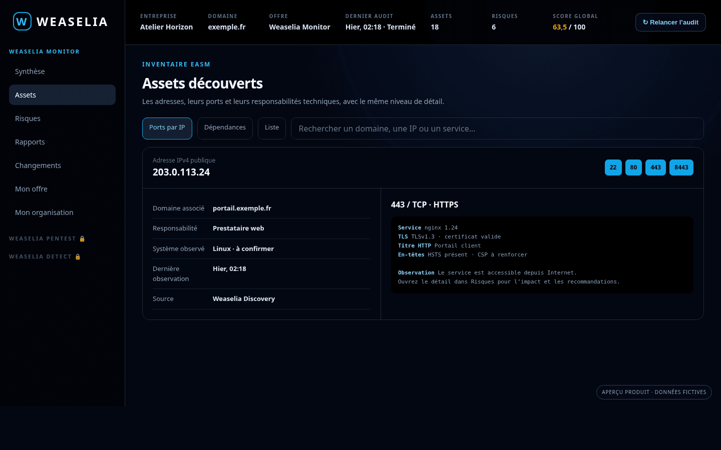 Vue Assets du portail Weaselia présentant les ports et services associés à une adresse IP fictive